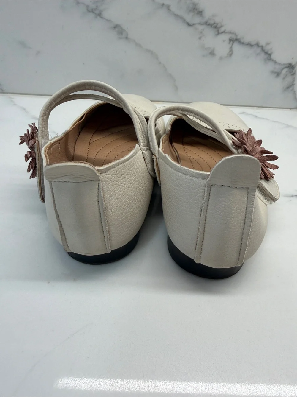 Girls Cream Mary Jane Dress Shoes with Flower Accent